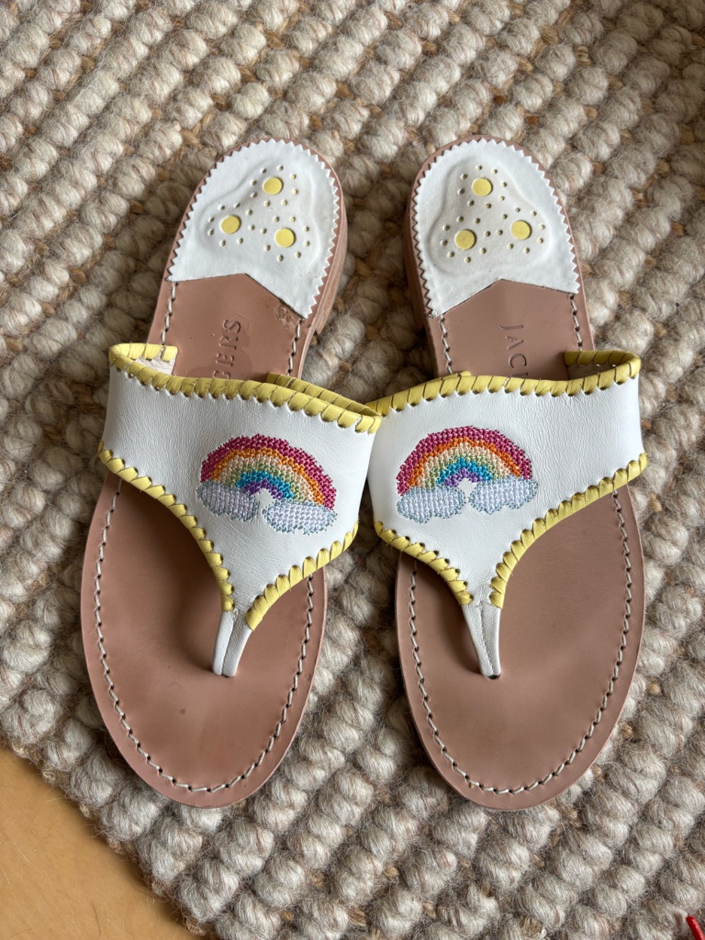 Jack Rogers White Leather Rainbow Applique Thong Sandals